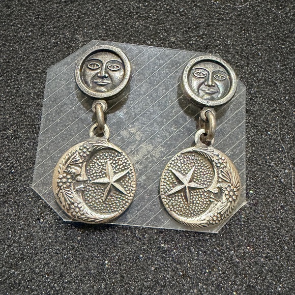 Vintage Sterling Silver Crescent Moon and Star Dangle Earrings - Picture 2 of 7
